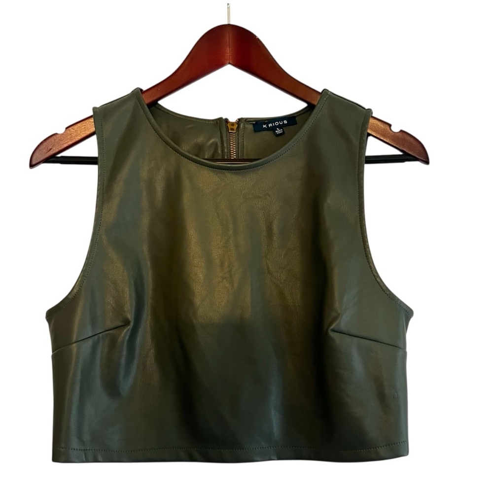 Krios Dark Olive Green Faux Leather Crop Tank Top Junior Size L Dark Romantic